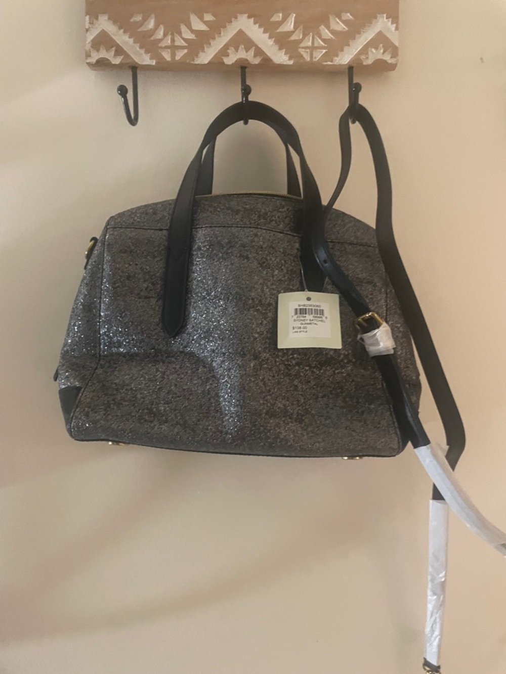 Fossil Sydney Gunmetal Glitter Satchel Crossbody NWT - Picture 4 of 14